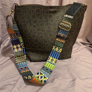 Stylish Brown Designer Calvin Klein Tote Bag with Colorful Strap (Authentic)